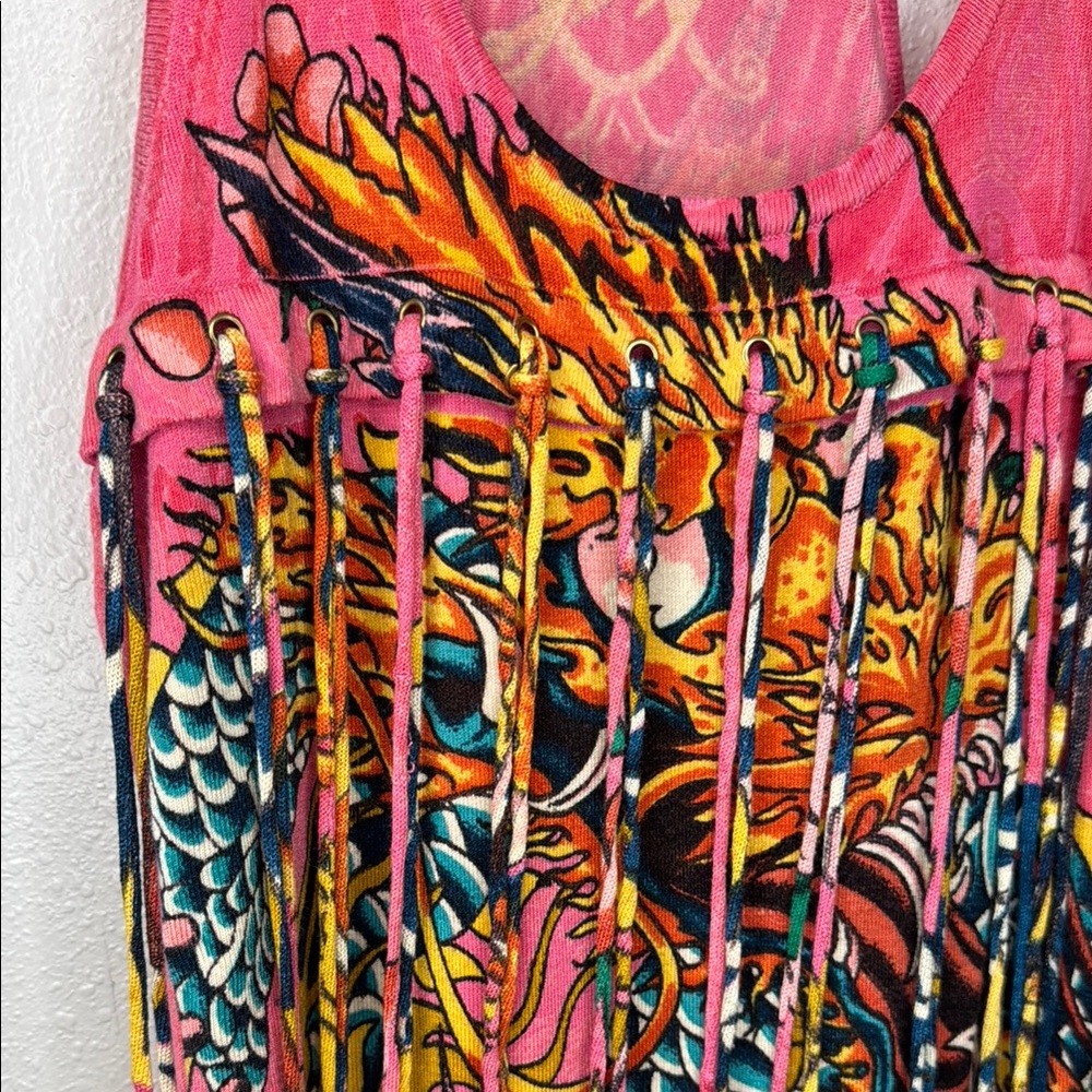 Christian Audigier Pink Tank Sweater Dress w Graphic Design Fringe‎ Y2K - Picture 5 of 17